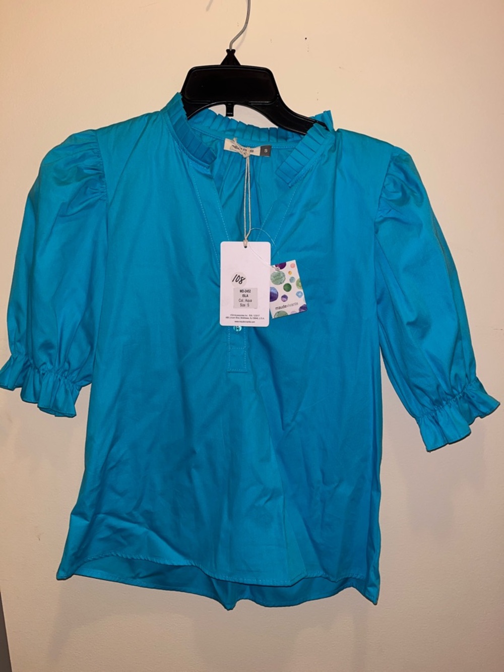Women's Teal Puff-Sleeve Ruffle-Neck Blouse